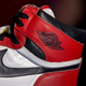 The famous Nike swoosh and Air Jordan logo is seen on an Air Jordan 1